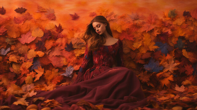 紅葉と目を閉じた女性 秋 メープル | autumn leaves, Generative AI