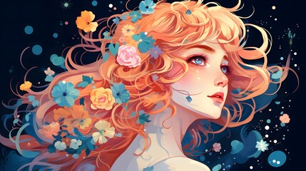 illustration beautiful woman with flower in space for background or wallpaper