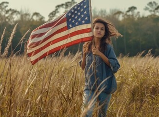 woman in a field holding American flag