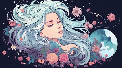 illustration beautiful woman with flower in space for background or wallpaper