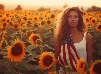 Woman wearing an american flag in sunflowers field. Generative Ai