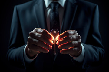 Close up of businessman hand holding key to success - Powered by Adobe