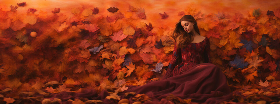 紅葉と目を閉じた女性 秋 メープル | autumn leaves, Generative AI