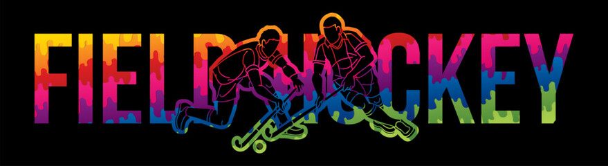 Field Hockey Text with Male Player Cartoon Sport Graphic Vector