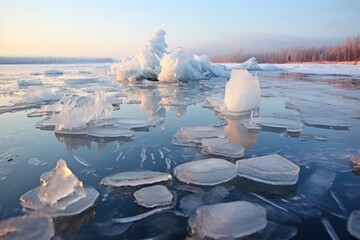 chunks of ice floating on water surface in frosty weather