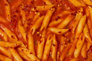 Closeup Red Sauce Pasta Top View, Textured Pan, Italian Cuisine, Gourmet Food, Culinary Photography, Appetizing, Rich Sauce, Pasta Strands, Food Texture, Culinary Art, Top-Down Shot, Delicious Meal, R