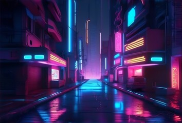 Obraz premium Photorealistic 3d illustration of the futuristic city in the style of cyberpunk. Empty street with neon lights. Beautiful night cityscape. Grunge urban landscape.
