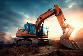 Big Orange Excavator Works on a Construction Site extreme closeup. Genertive AI