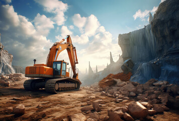 Obraz premium Big Orange Excavator Works on a Construction Site extreme closeup. Genertive AI