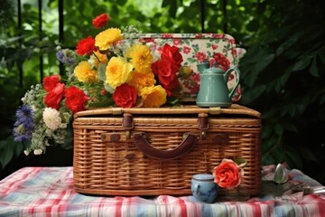 Fototapeta na wymiar vintage picnic basket with a colorful floral arrangement