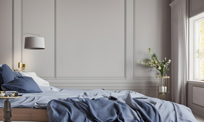 Messy bed against light grey bedroom wall with panel moulding, blue sheets, Generative AI
