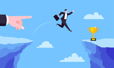 Businessman jumps over the abyss across the cliff flat style design vector illustration. Business concept of fearless businessman with huge courage. Risk, goal achievement and mentoring.