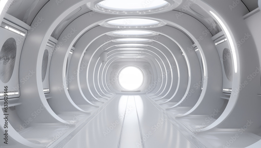 Poster Futuristic Empty White Tunnel with a Light from the End extreme closeup. Generative ai