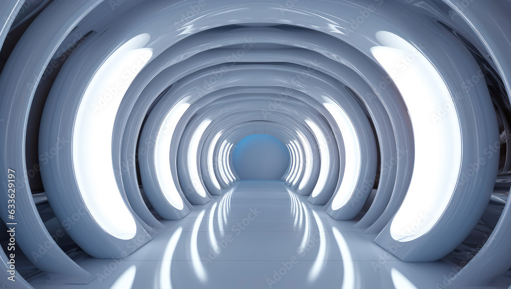 Poster futuristic empty white tunnel with a light from the end extreme closeup. generative ai