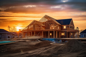 Obraz premium Home Building Under Construction Made From Wood Framing extreme closeup. Generative AI