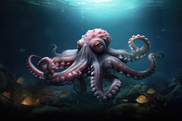 Fototapeta na wymiar Octopus with Large Eyes Swimming Deep Ocean Water extreme closeup. Generative AI