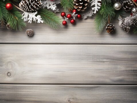 Christmas tree branches on wood background. Generative ai