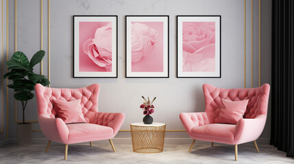 Pink sofa and chair near wall with two art poster