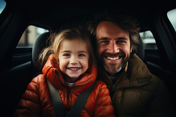 happy father and daughter looking at camera while sitting in backseat of car