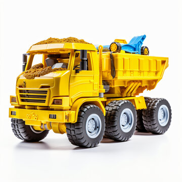 Photo of kid toy construction truck car on white background
