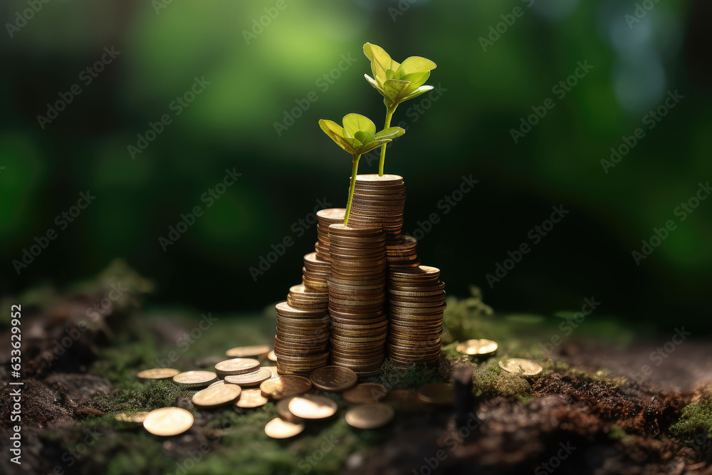 Aufkleber wealth business concept. new tree growing in a stacks of coins extreme closeup. generative ai
