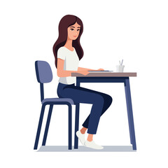 female student sitting behind school desk vector isolated illustration