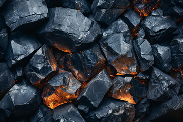 a pile of black rocks with orange glowing cracks
