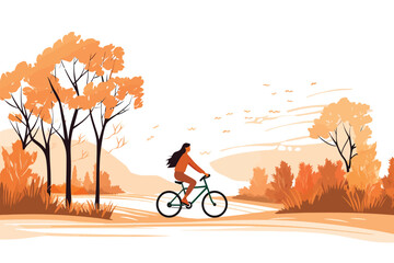 woman ride bicycle at autumn rural landscape vector isolated illustration