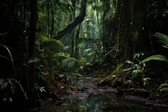 undisturbed rainforest floor with rich biodiversity