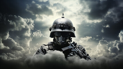 Fototapeta na wymiar Rifle with helmet dramatic sky