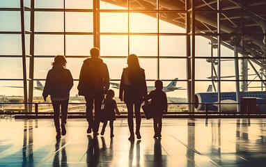 Silhouettes of a young family, filled with excitement, standing against the backdrop of a bustling airport terminal, capturing the anticipation of new adventures, evening