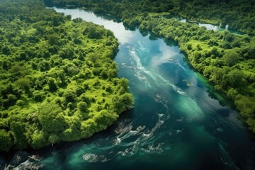 Naklejka na ściany i meble aerial view of a pristine river surrounded by lush greenery