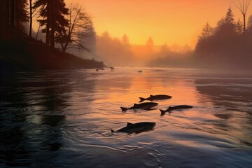 salmon silhouettes in a sunlit river at dawn