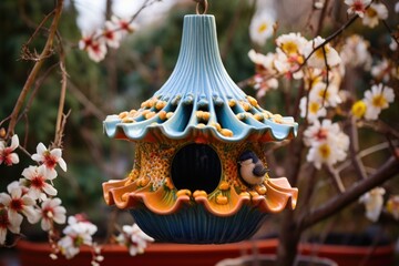 Fototapeta premium unique ceramic bird feeder in a blooming garden