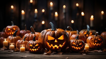 Lot of Halloween smiling pumpkin Jack-o'-lantern on a dark background. Halloween holiday