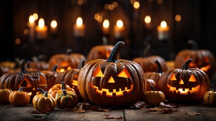 Many Halloween smiling pumpkins Jack-o'-lantern. Halloween holiday