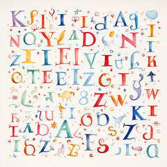 hand drawn alphabet, colored English letters on a white background, background, AI generator
