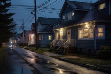 Fototapeta na wymiar nighttime view of a row of houses with outdoor lights on