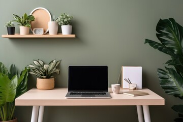 minimalist home office setup with laptop and plants