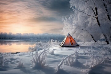 tent in a snowy landscape, near a frozen lake