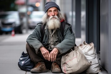 an image of a homeless man sitting on the sidewalk with his belongings around him