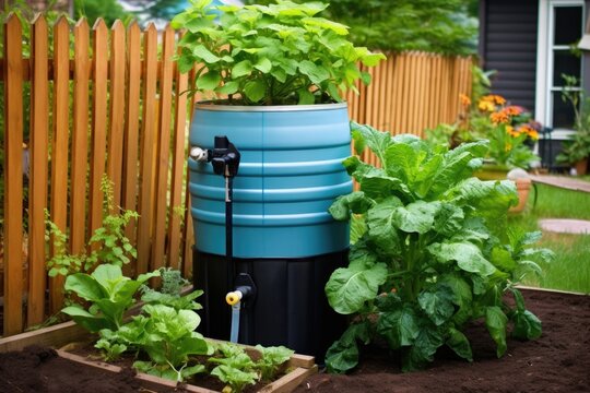 homemade rain barrel to collect water for gardening