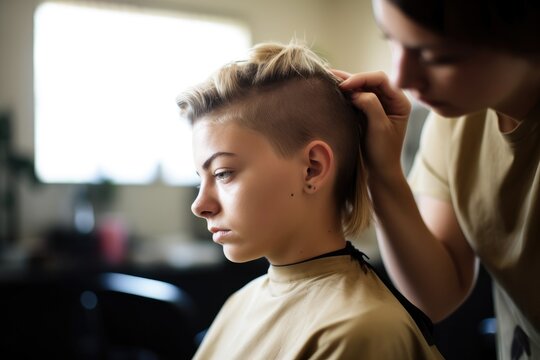 cropped portrait of a young woman getting her hair cut in a salon