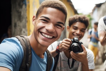 a young man smiling at the camera while his friend takes a photo