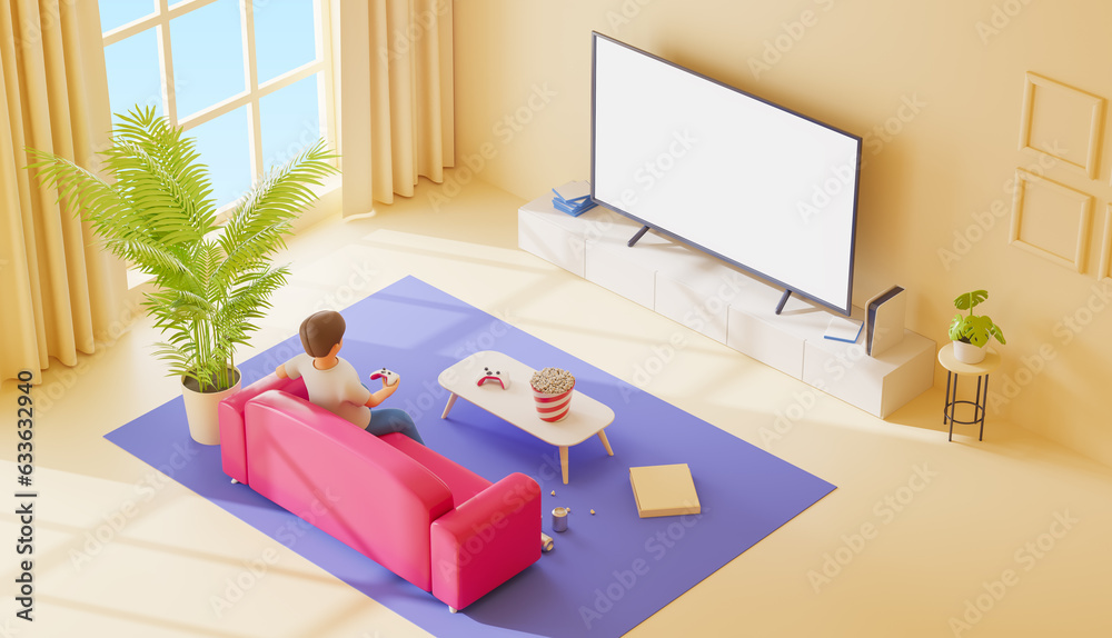 Wall mural Gamer sits on a couch and plays a console on a putsm screen TV. The concept of virtual reality and recreation. Mock up. 3d rendering