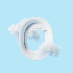 Aircraft porthole on a blue background with clouds. 3d rendering