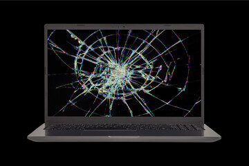 an open laptop with a broken screen Isolated on a black background close-up front view - 633632939