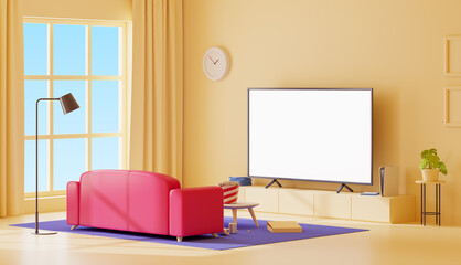 Blank TV screen in living room with sofa and window. The concept of a home theater, streaming service, video hosting, game advertising or watching a movie. Mock up. 3d rendering