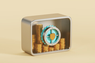 Transparent safe with gold coins inside. The concept of saving money, bank deposit with interest, saving money savings. 3d rendering