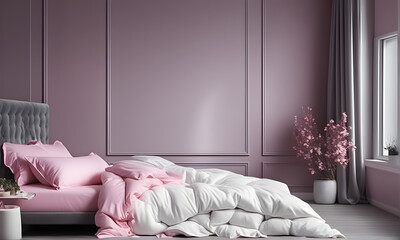 Messy bed against pink bedroom wall with panel moulding. Generative AI
